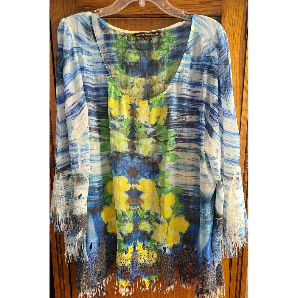 Mushka by Sienna Rose Floral Fringe Poncho Top Blue Yellow 1X TG2352W
